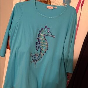 Elegant Turquoise Seahorse Embellished Long Sleeve Top